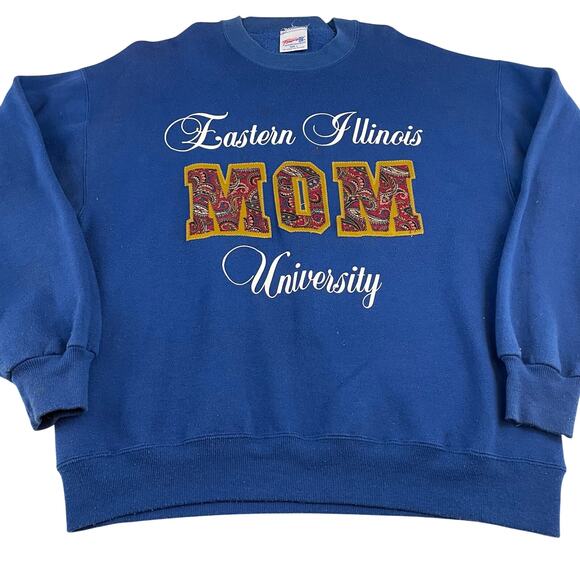 VTG 90s Eastern Illinois University MOM Sweatshirt size L Blue Pullover - Picture 1 of 9